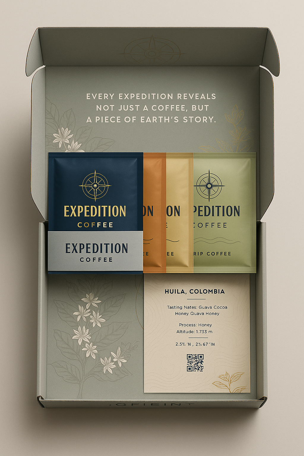 Expedition Coffee Drip Bags in our subscription box with description card.