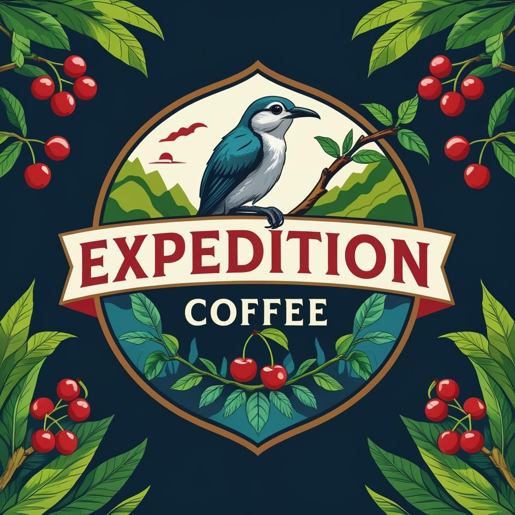 Expedition Coffee logo with a bird, mountains, and cherries on a dark blue background