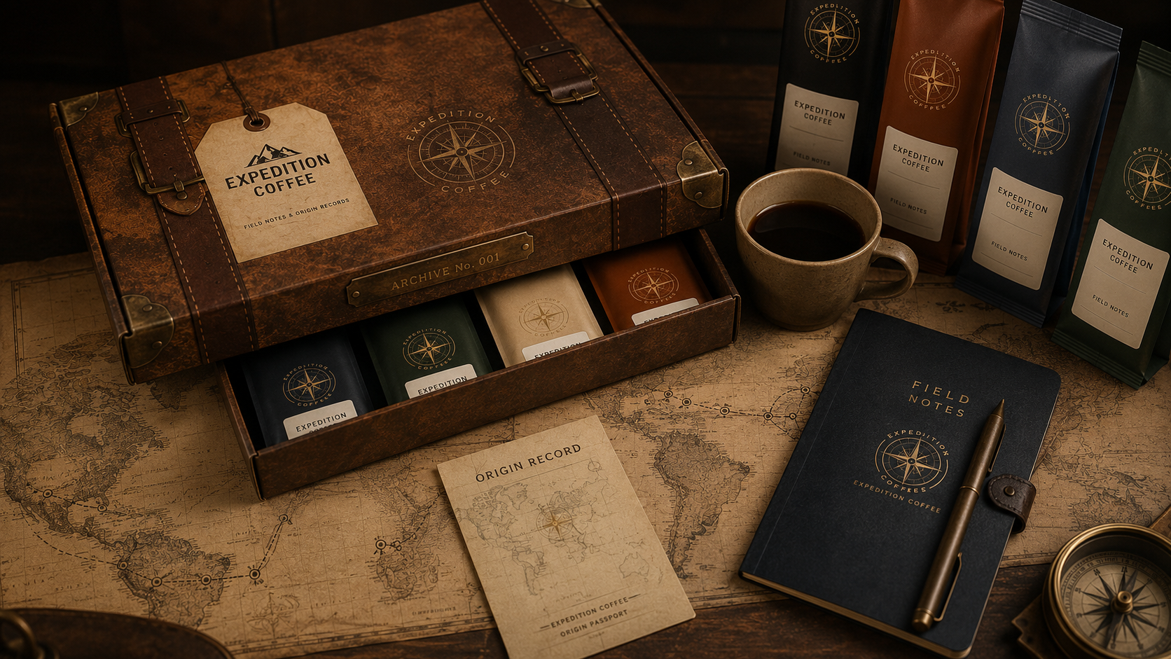 Travel journal, maps, coffee, and field objects arranged on an explorer's desk